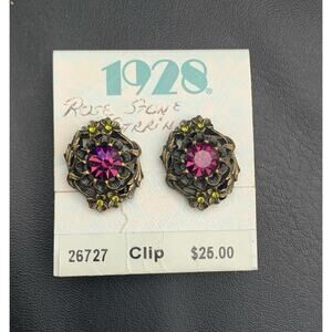 Vintage 1928 Purple & Green Rhinestone Rose Flower Clip On Earrings